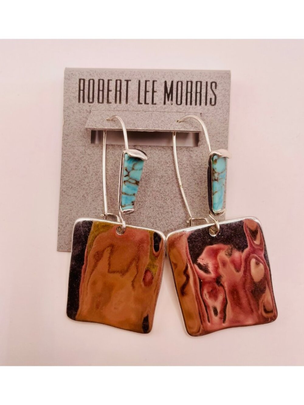 Robert Lee Morris Silver-Tone Turquoise Drop Earrings Square Hammered Design-12B